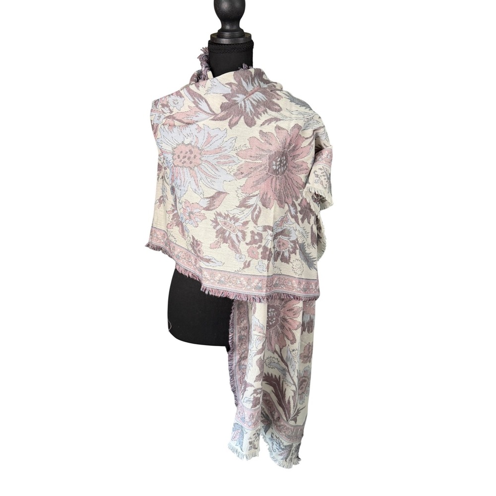 J. Jill Floral Jacquard Wrap Scarf Mauve Pink Blue Fringed Cottagecore 27"x 72"